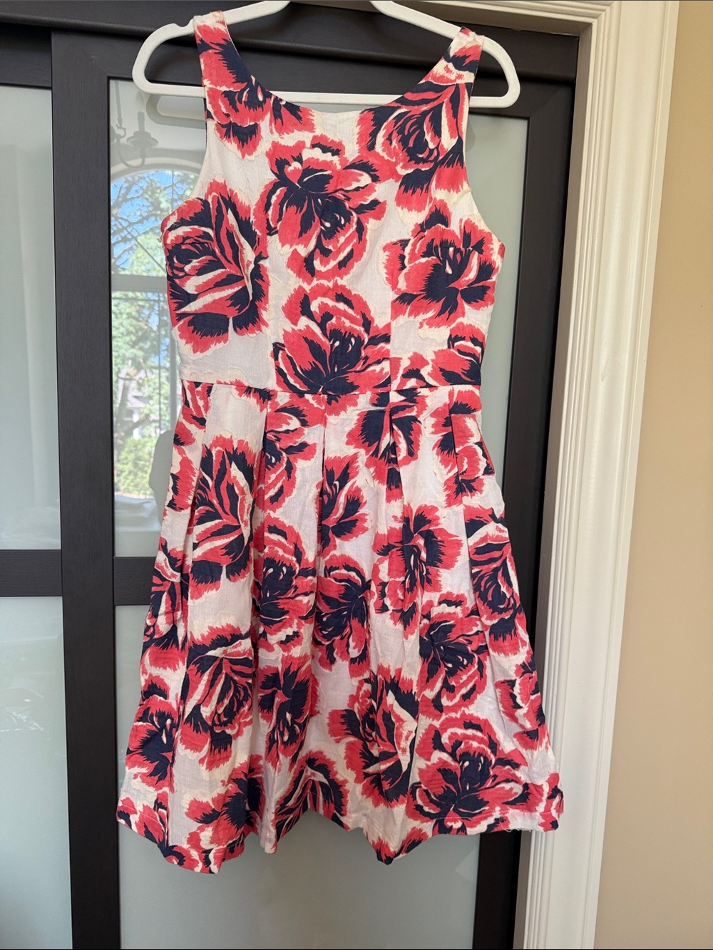 Anthro Porridge Sleeveless Fit-and-Flare Dress in White with Coral & Navy Floral